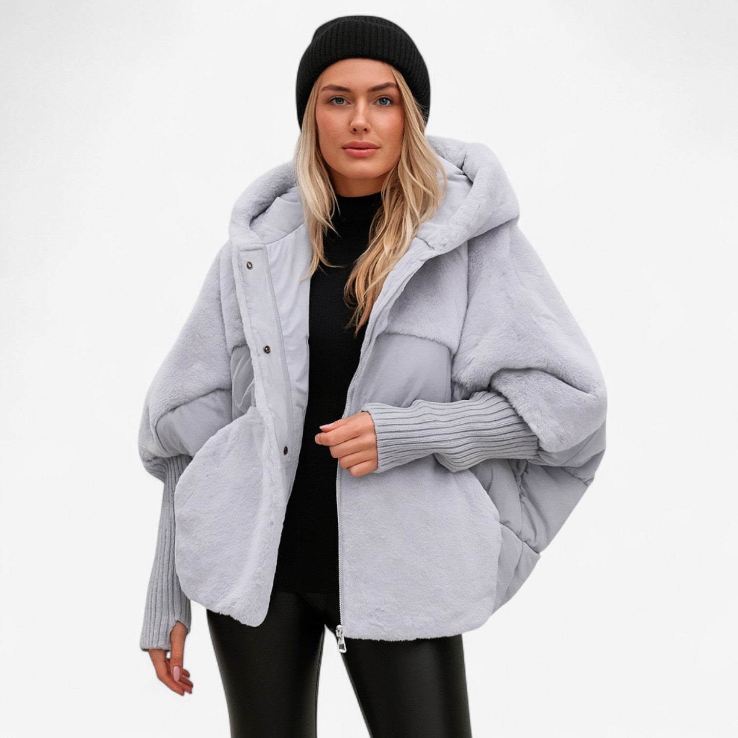 Lunivara – Oversized Gewatteerde Jas met Capuchon en Geribde Manchetten