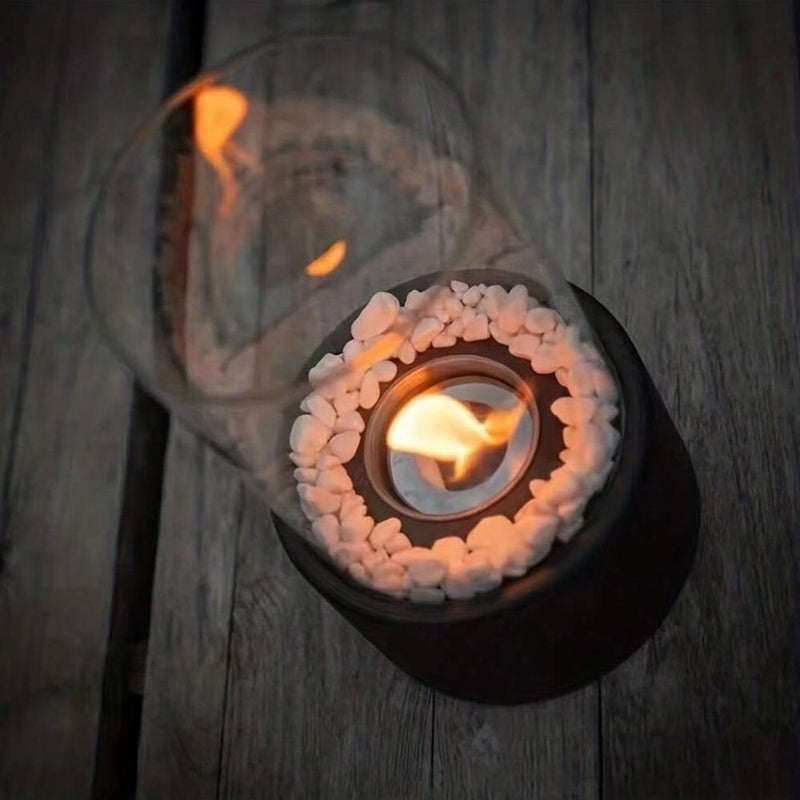 FlameAura - Elegante cilindervormige bio-ethanol haard met modern glas- en steenontwerp
