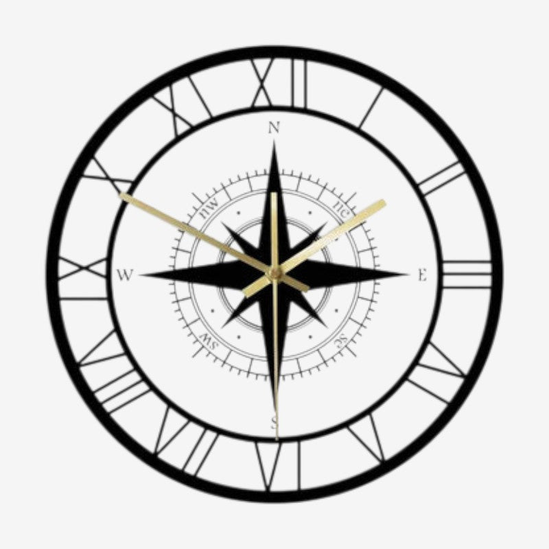 TimeCompass – Ronde Wandklok met Kompasdesign en Stil Uurwerk
