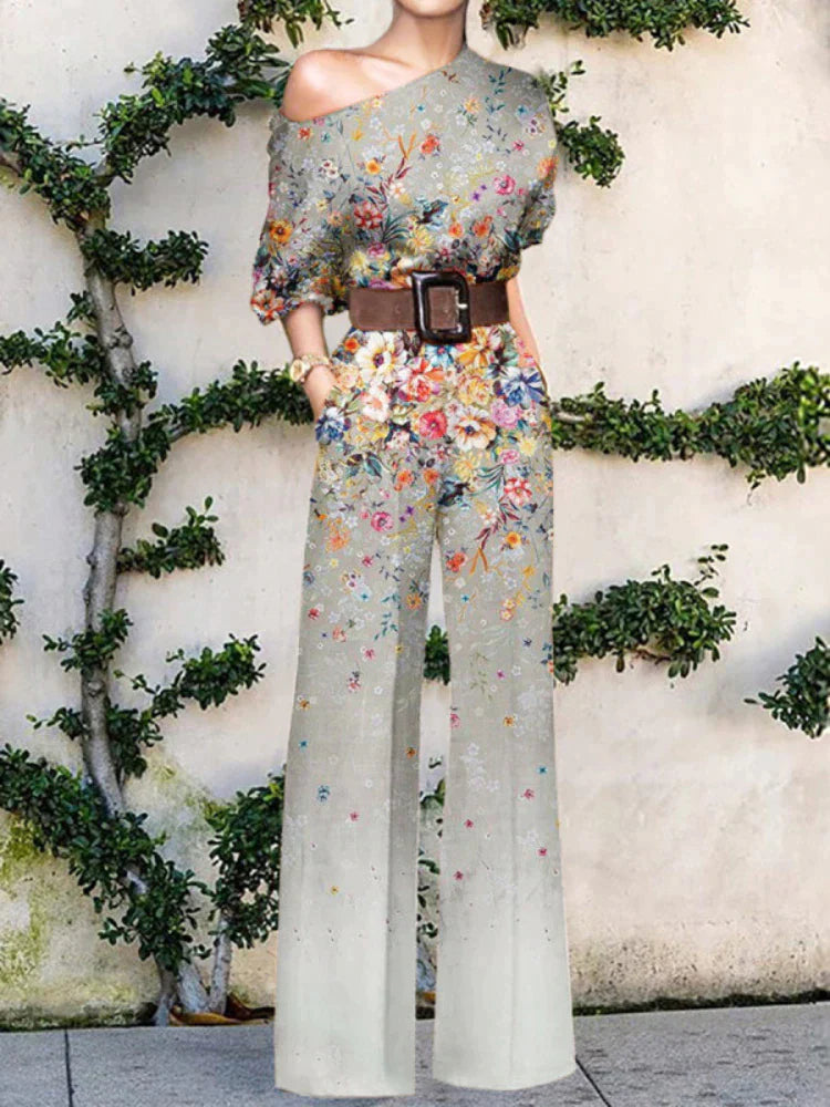 Rozi – Stijlvolle Off-schouder jumpsuit met wijde pijpen en tailleband