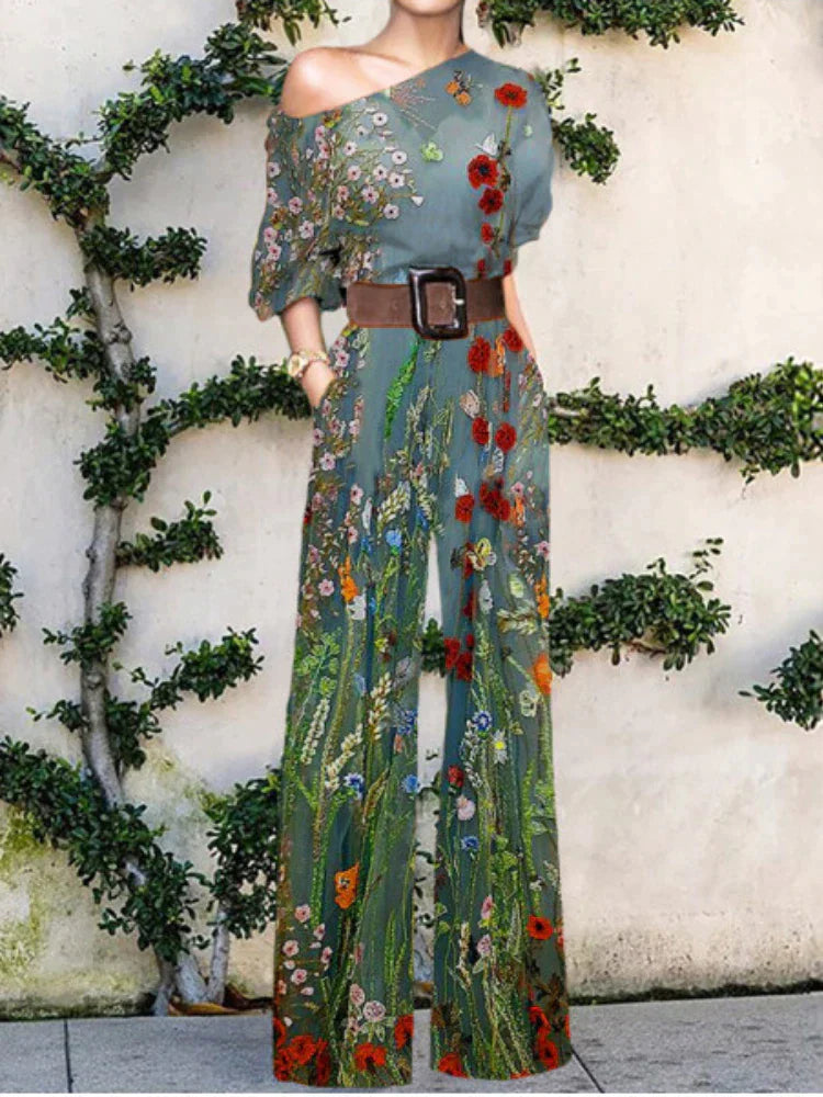 Rozi – Stijlvolle Off-schouder jumpsuit met wijde pijpen en tailleband
