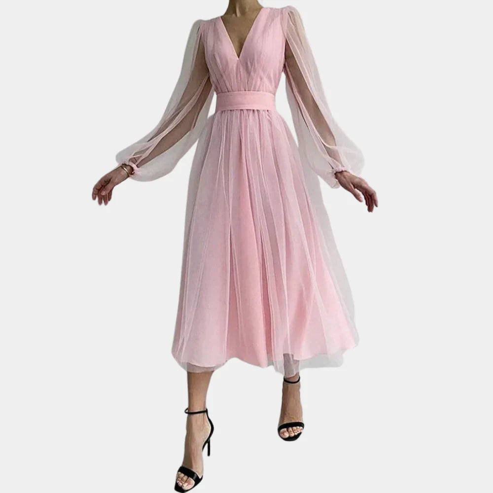Noa - Elegante Midi-jurk met V-hals en lantaarnmouwen