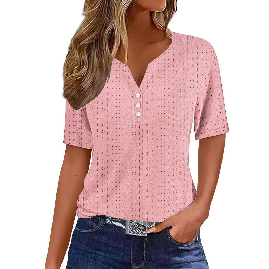 Helen – Korte Mouw Blouse met V Hals en Knopen Details