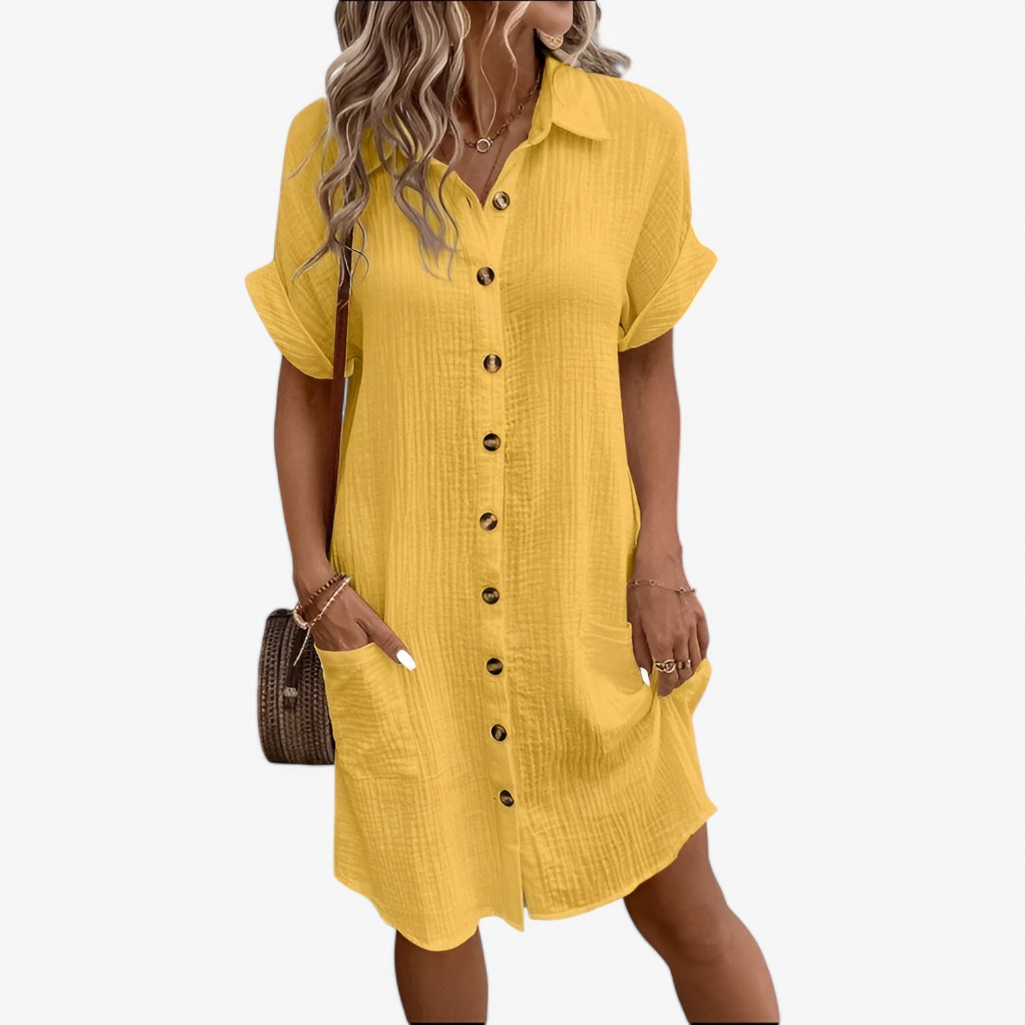 Tess - Elegante overhemdjurk met korte mouwen knoopsluiting en praktisch zakje