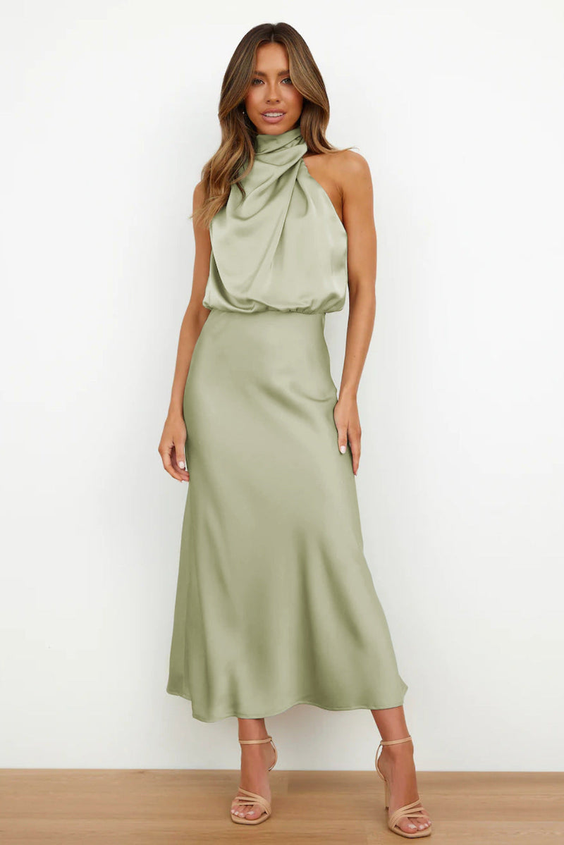 Claudia - Elegante Satijnen Midi Jurk met Asymmetrische Ruches Halslijn
