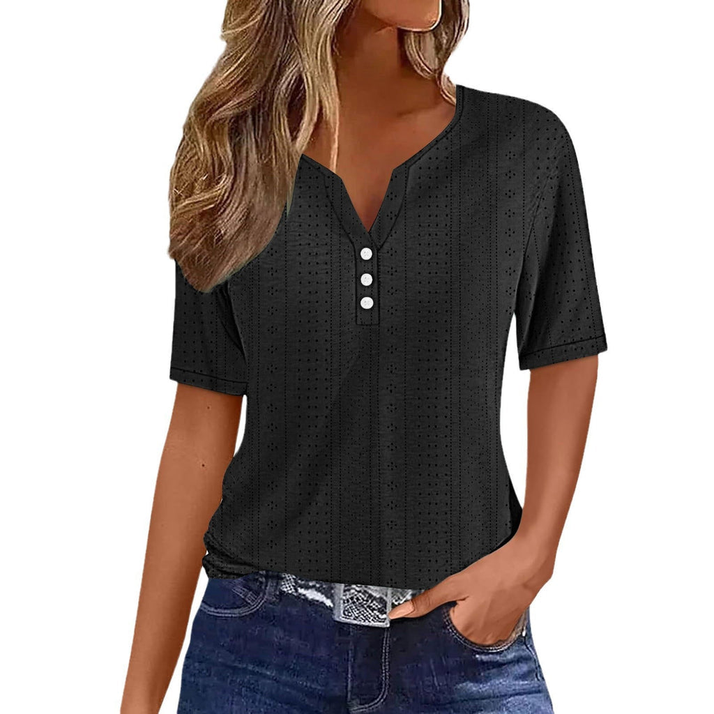 Helen – Korte Mouw Blouse met V Hals en Knopen Details
