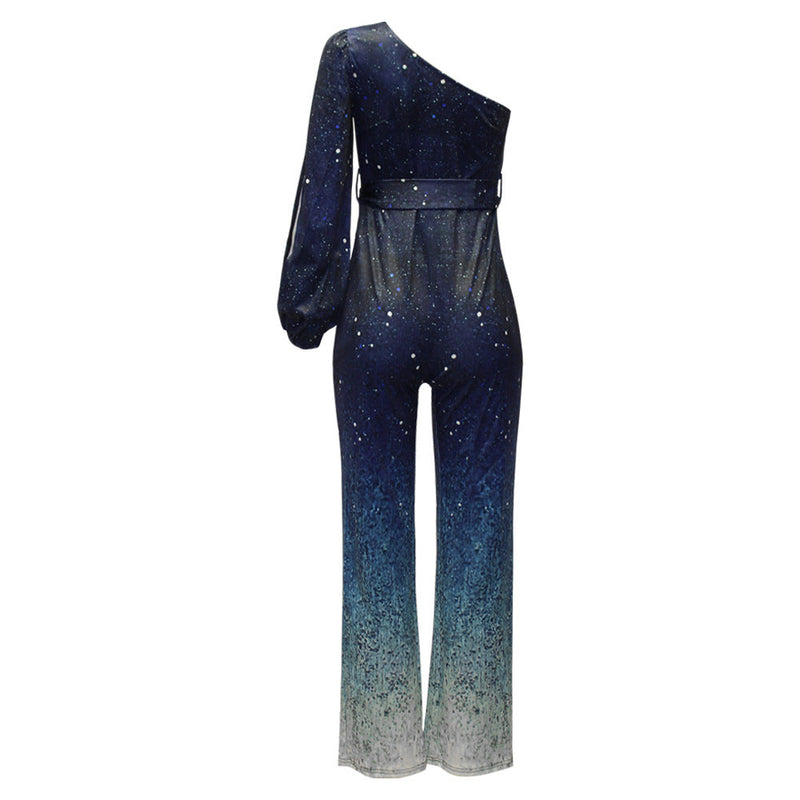 Wanda - Glamoureuze disco jumpsuit met één schouder en wijde broekspijpen