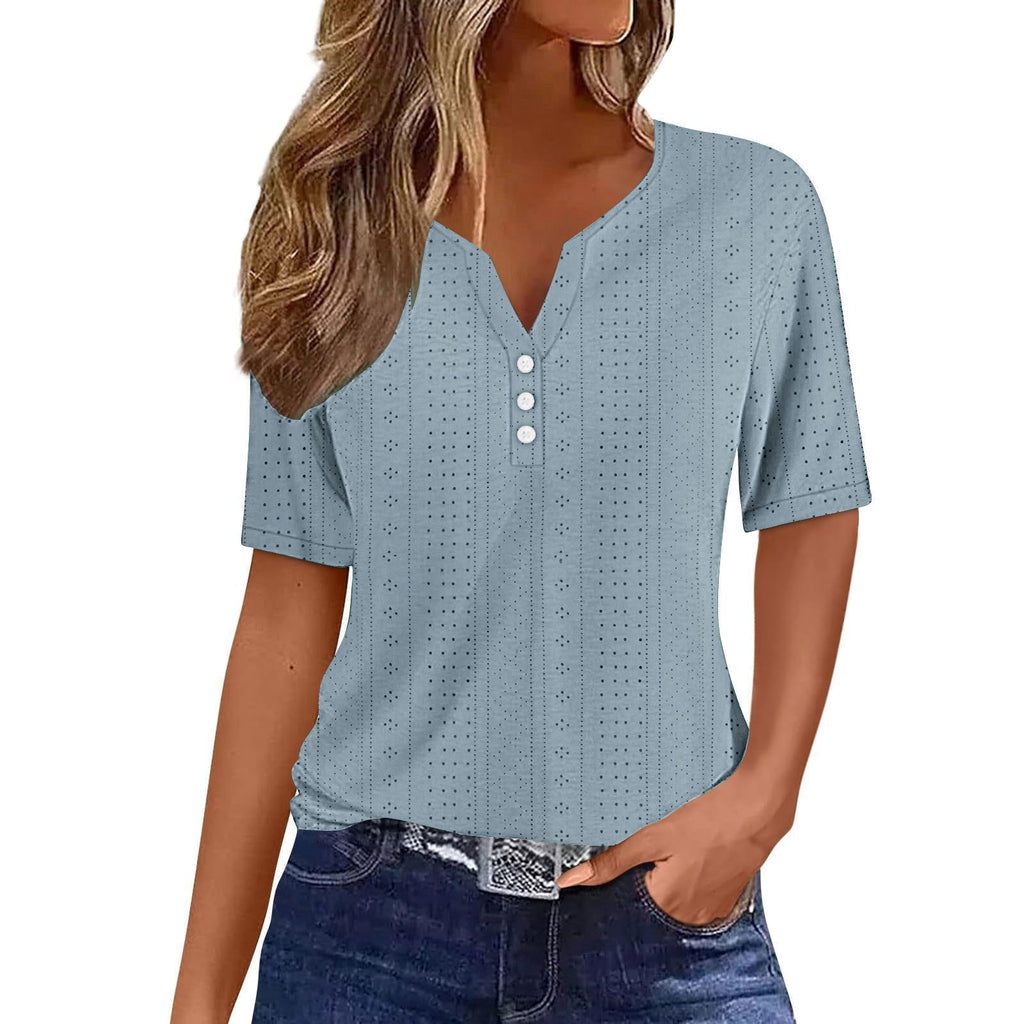 Helen – Korte Mouw Blouse met V Hals en Knopen Details