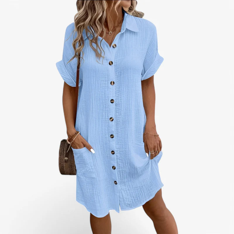 Tess - Elegante overhemdjurk met korte mouwen knoopsluiting en praktisch zakje