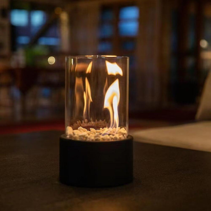 FlameAura - Elegante cilindervormige bio-ethanol haard met modern glas- en steenontwerp