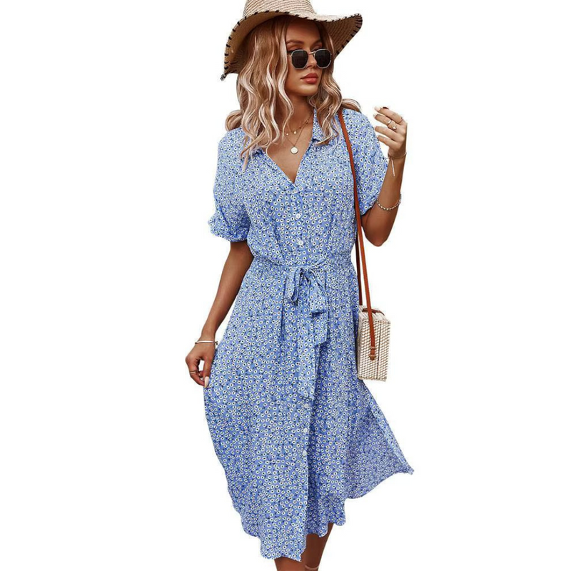 Lena - Boho Maxi Dress met knoopsluiting voor en V-hals