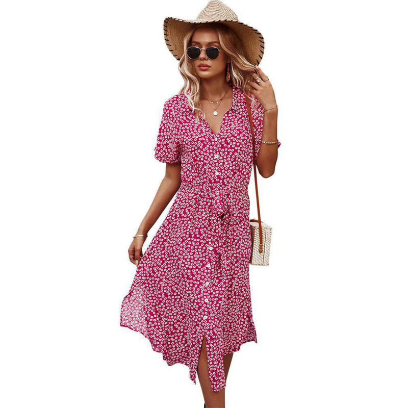 Lena - Boho Maxi Dress met knoopsluiting voor en V-hals