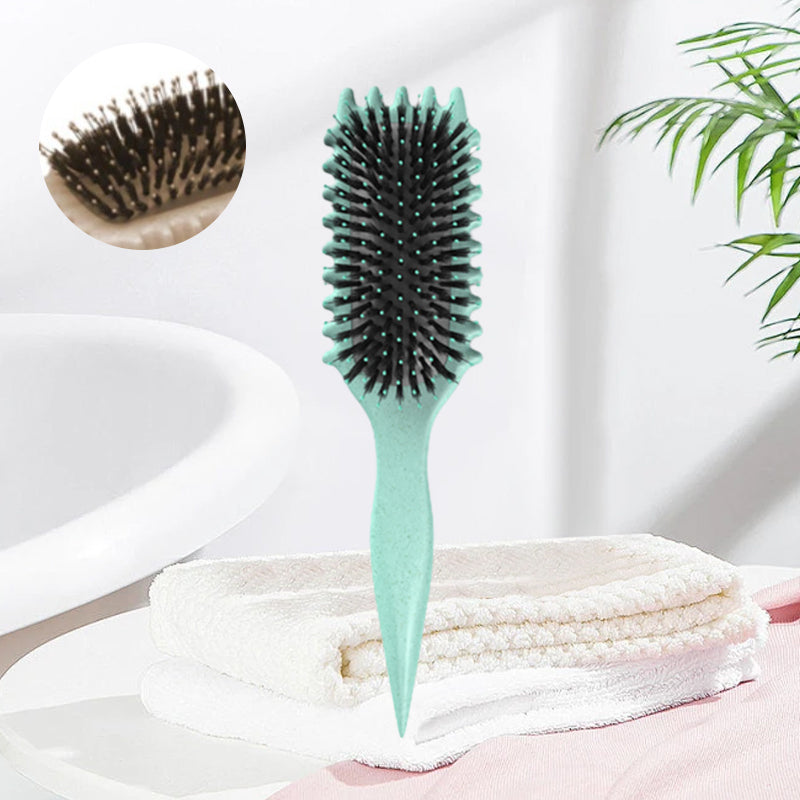 CurlEase – Strakke zwarte 3-in-1 haarstylingborstel met zachte haren voor het definiëren van krullen en het beheersen van pluisjes