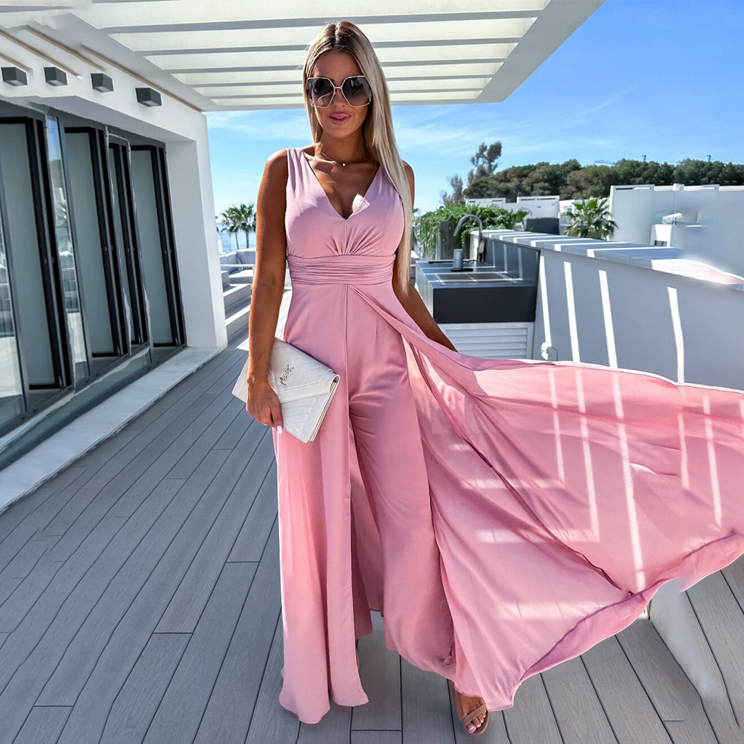 Elara – Elegante jumpsuit met diepe V-hals en gestructureerd mouwloos silhouet