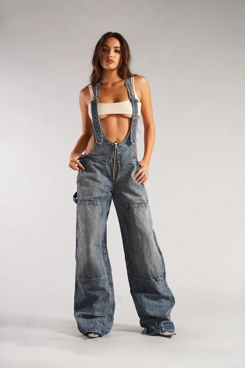 Aria - Chique mouwloze denim jumpsuit met wijde pijpen