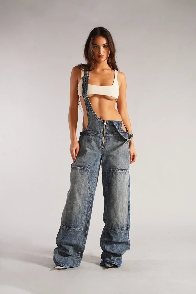 Aria - Chique mouwloze denim jumpsuit met wijde pijpen