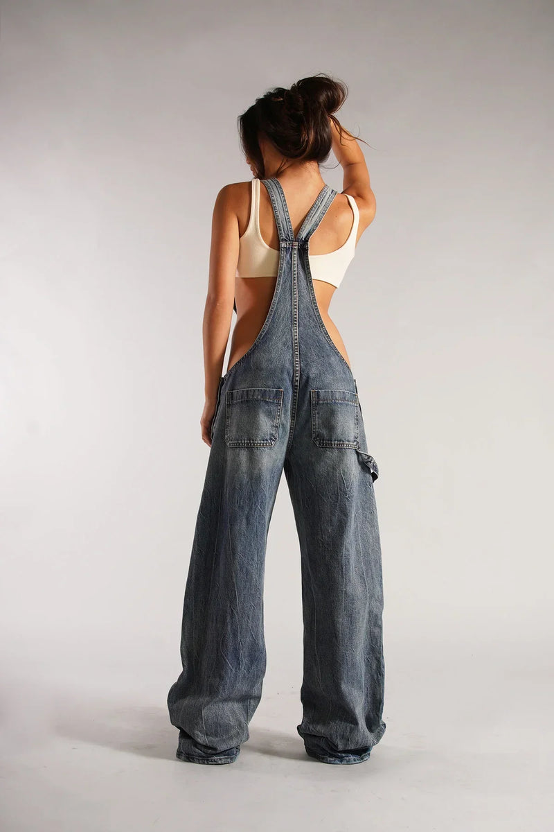 Aria - Chique mouwloze denim jumpsuit met wijde pijpen