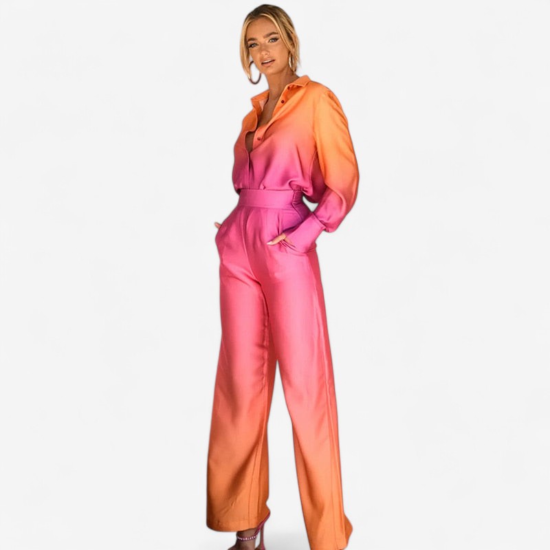 Sophia - Tweedelig Set met Lange Mouwen Blouse en Wijdvallende Broek