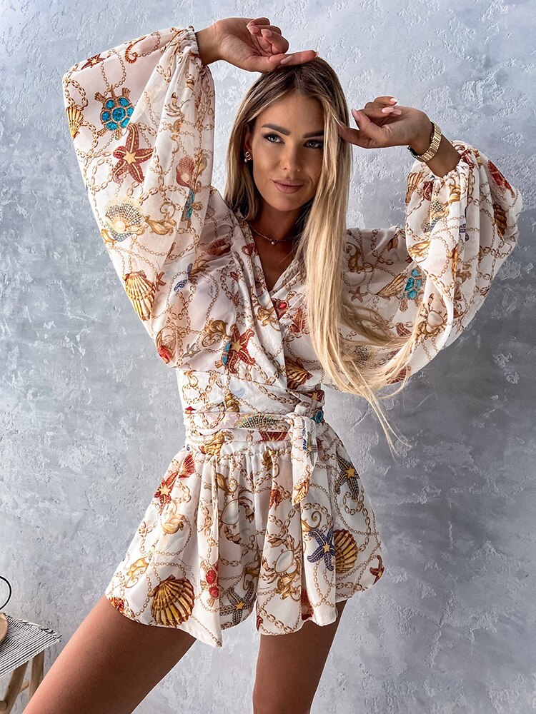 Alice - Luxueuze diepe V hals jurk met geprinte lantaarnmouw