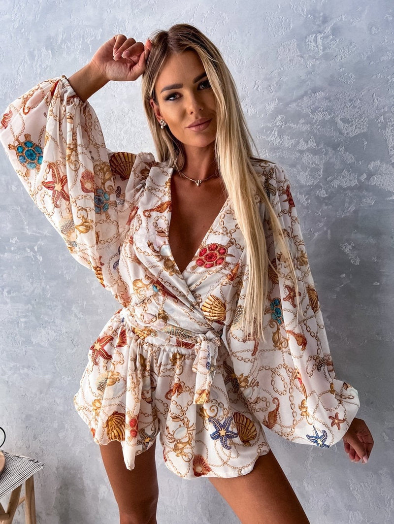 Alice - Luxueuze diepe V hals jurk met geprinte lantaarnmouw