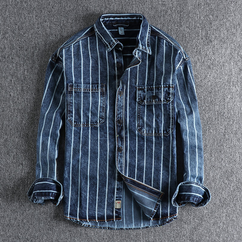Archer - Gestreept denim overhemd met knoopsluiting en borstzakken