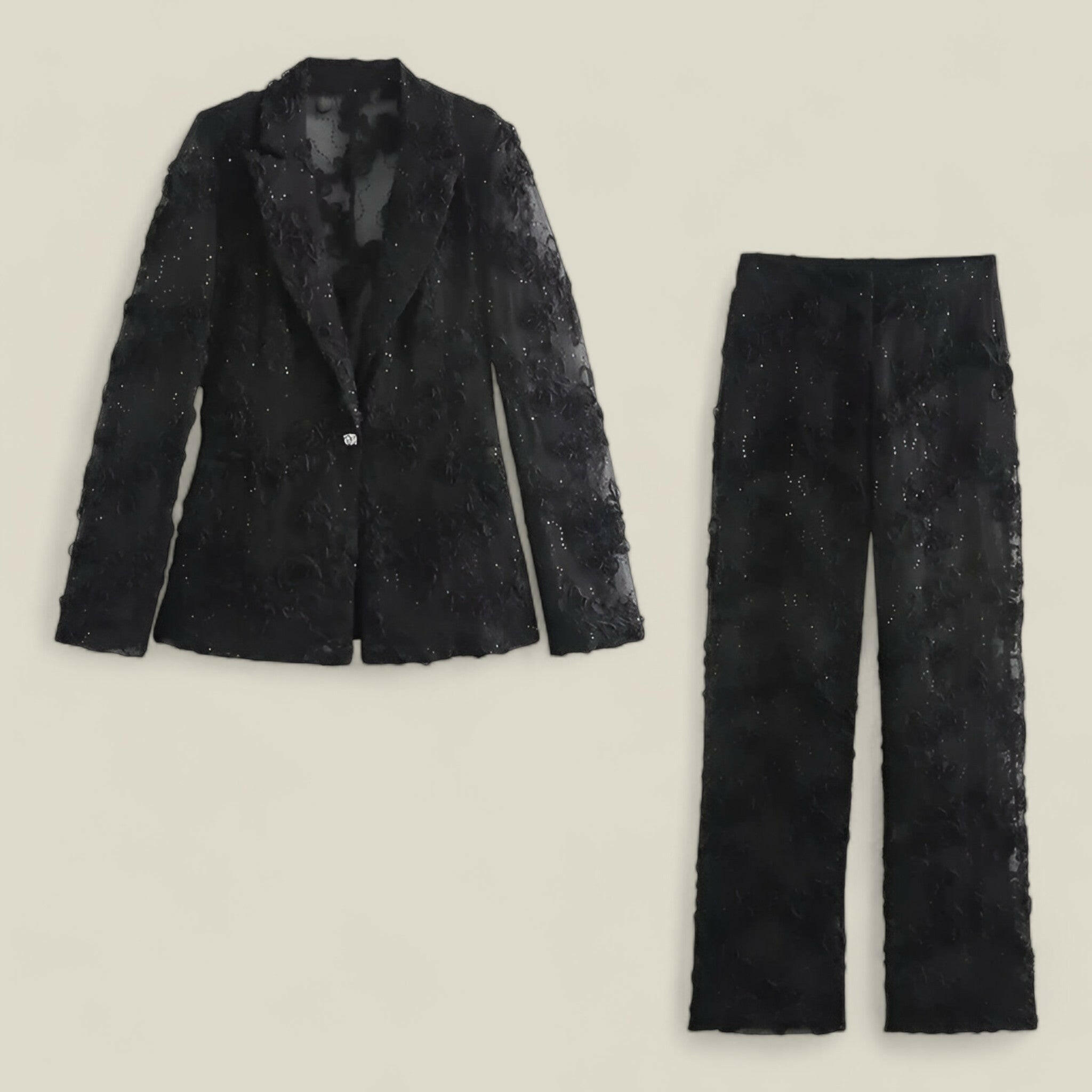 Isabelle - Elegant Colbert Met Lange Mouwen En Pareldetails En Een Broek Met Hoge Taille