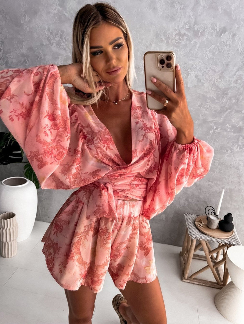 Alice - Luxueuze diepe V hals jurk met geprinte lantaarnmouw