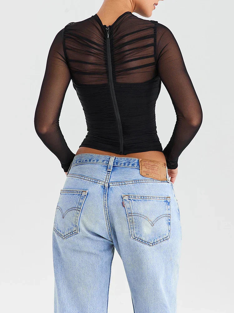 Rhea - Trendy top met lange mouwen en rits op de rug