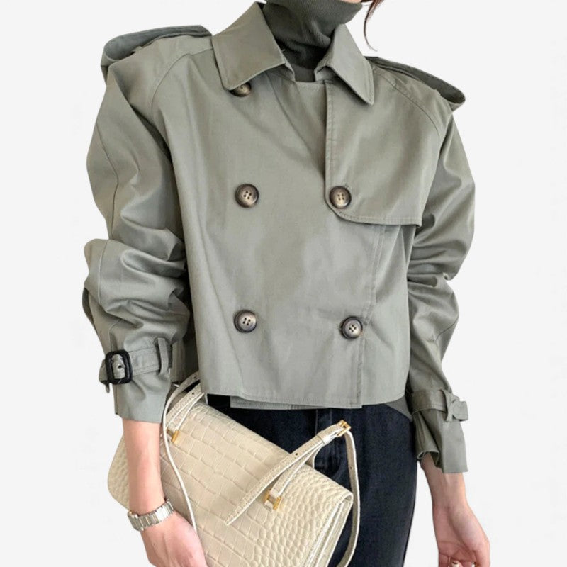 Lina – Lange Mouw Jas met Omslagkraag en Dubbele Knopen