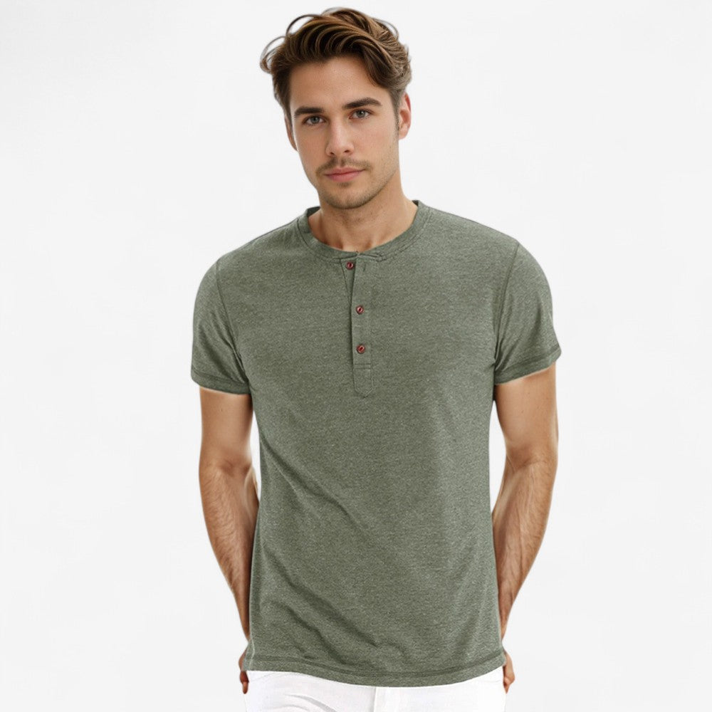 Stefan - Henley Kraag Slim Fit T Shirt met Korte Mouwen