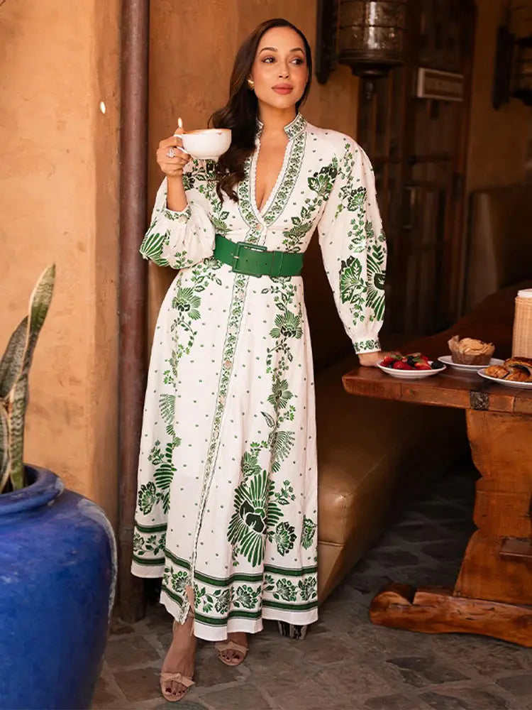 Mariah – Trendy V-hals maxi-jurk met lange mouwen en tailleband