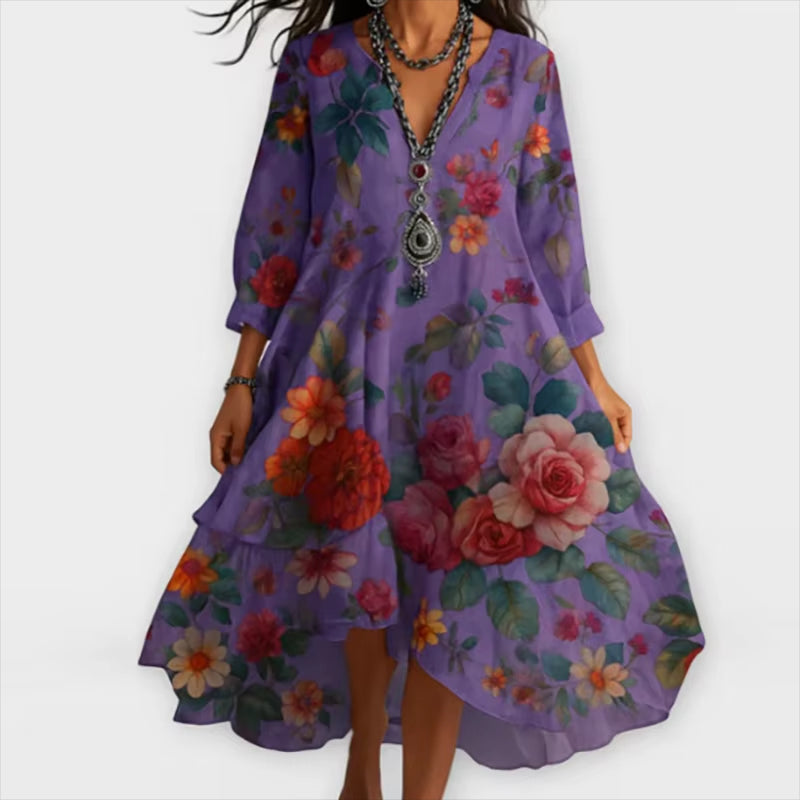 Lucía – Vintage Boho Midi-jurk met Bloemenprint en V-hals