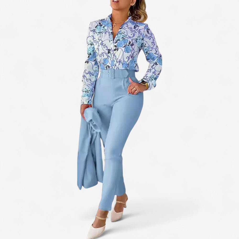 Lieke - Tweedelige Set met Bloemenblouse en Hoge Taillebroek