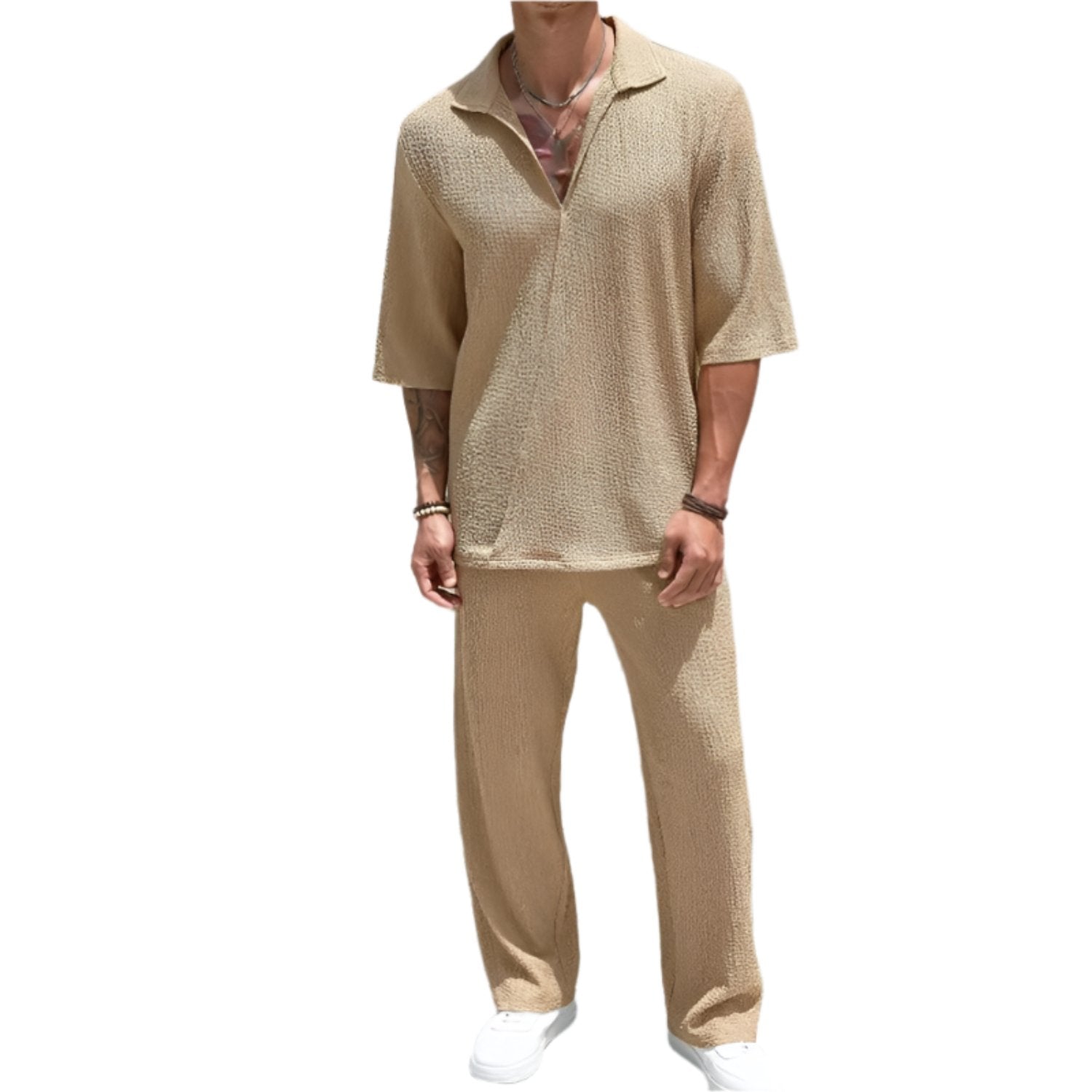 Tommy – Stijlvolle tweedelig set met half rits shirt en wijde pijpen broek