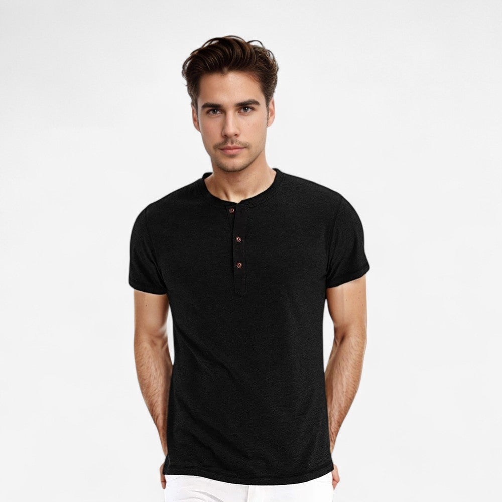 Stefan - Henley Kraag Slim Fit T Shirt met Korte Mouwen