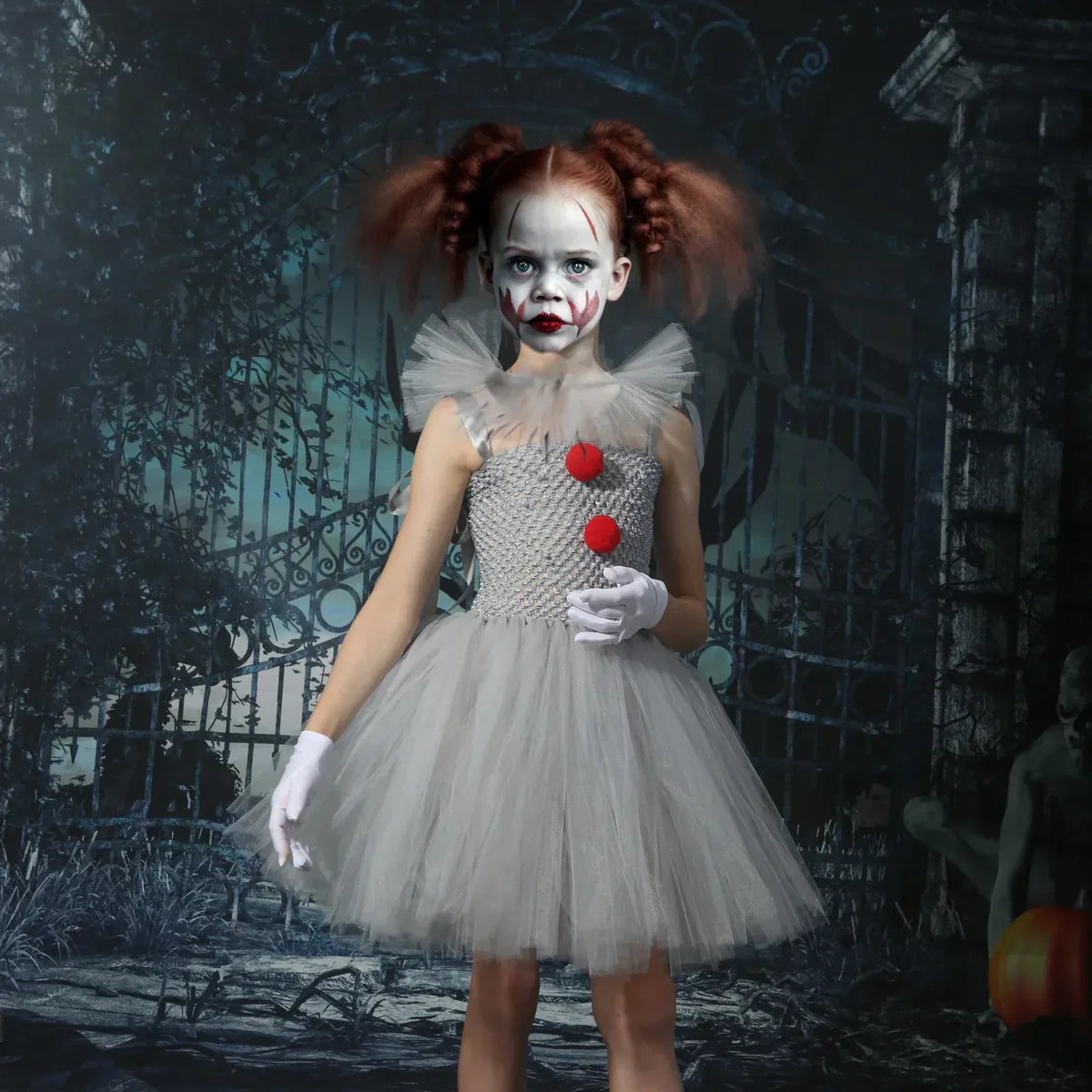 Charlotte – Clown-geïnspireerde Tutu Jurk met Rode Pompons en Tulle Rok voor Halloween of Verkleedpartijen