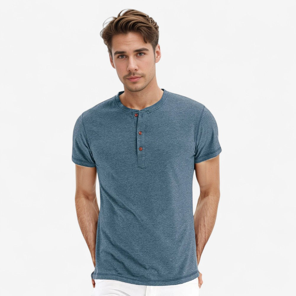 Stefan - Henley Kraag Slim Fit T Shirt met Korte Mouwen