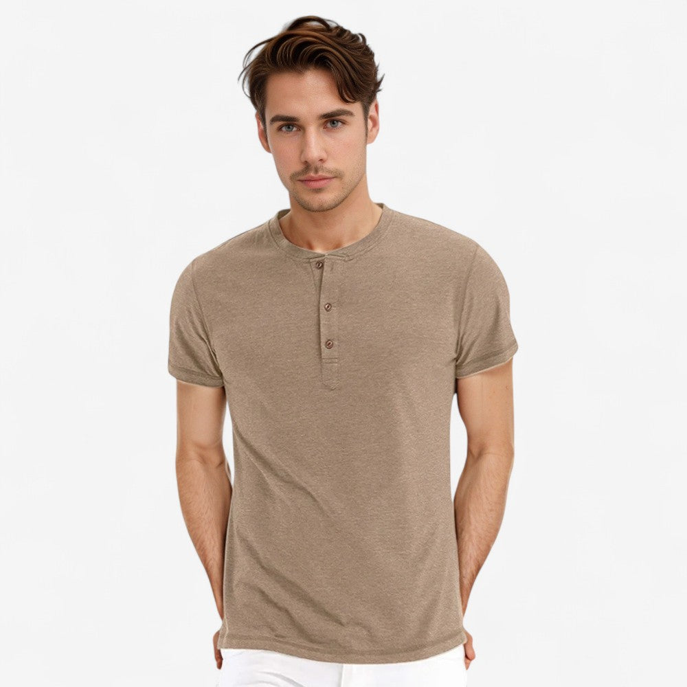 Stefan - Henley Kraag Slim Fit T Shirt met Korte Mouwen