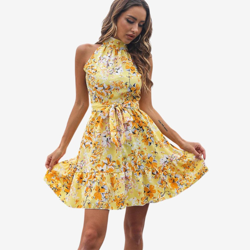 Taylor - Mouwloze Jurk met Halterhals en Bloemenprint