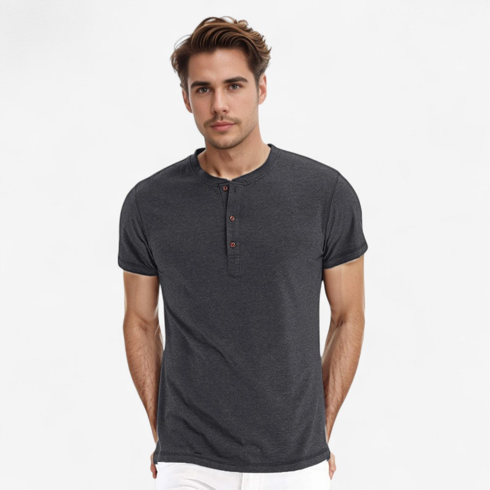 Stefan - Henley Kraag Slim Fit T Shirt met Korte Mouwen