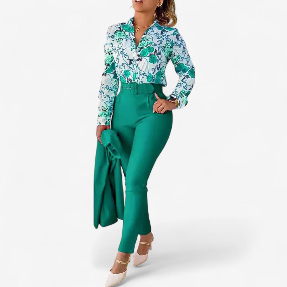 Lieke - Tweedelige Set met Bloemenblouse en Hoge Taillebroek