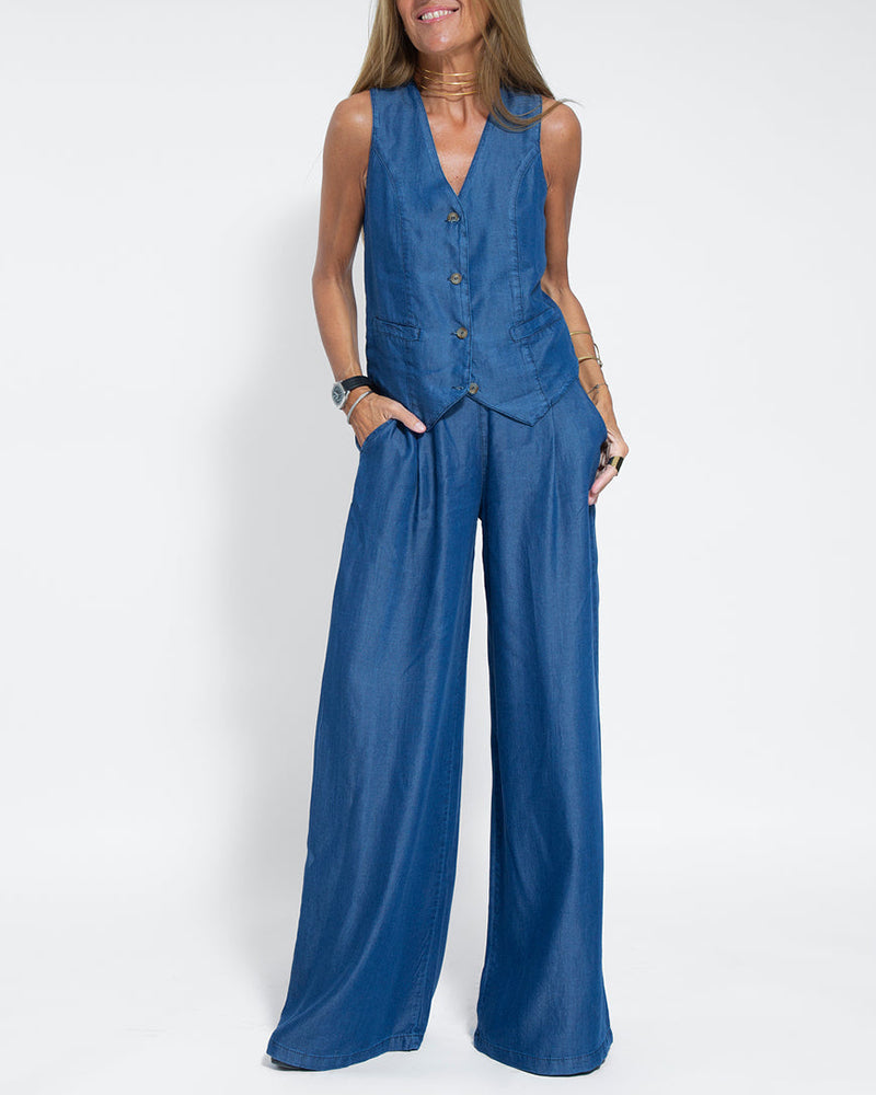 Lena - Elegante 2-delige set met wijde broek & Button-Down vest
