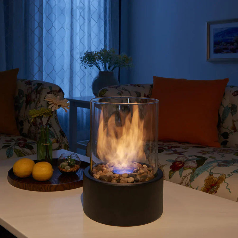 LumiFlame – Strakke, draagbare tafelhaard met glazen cilinder voor moderne warmte