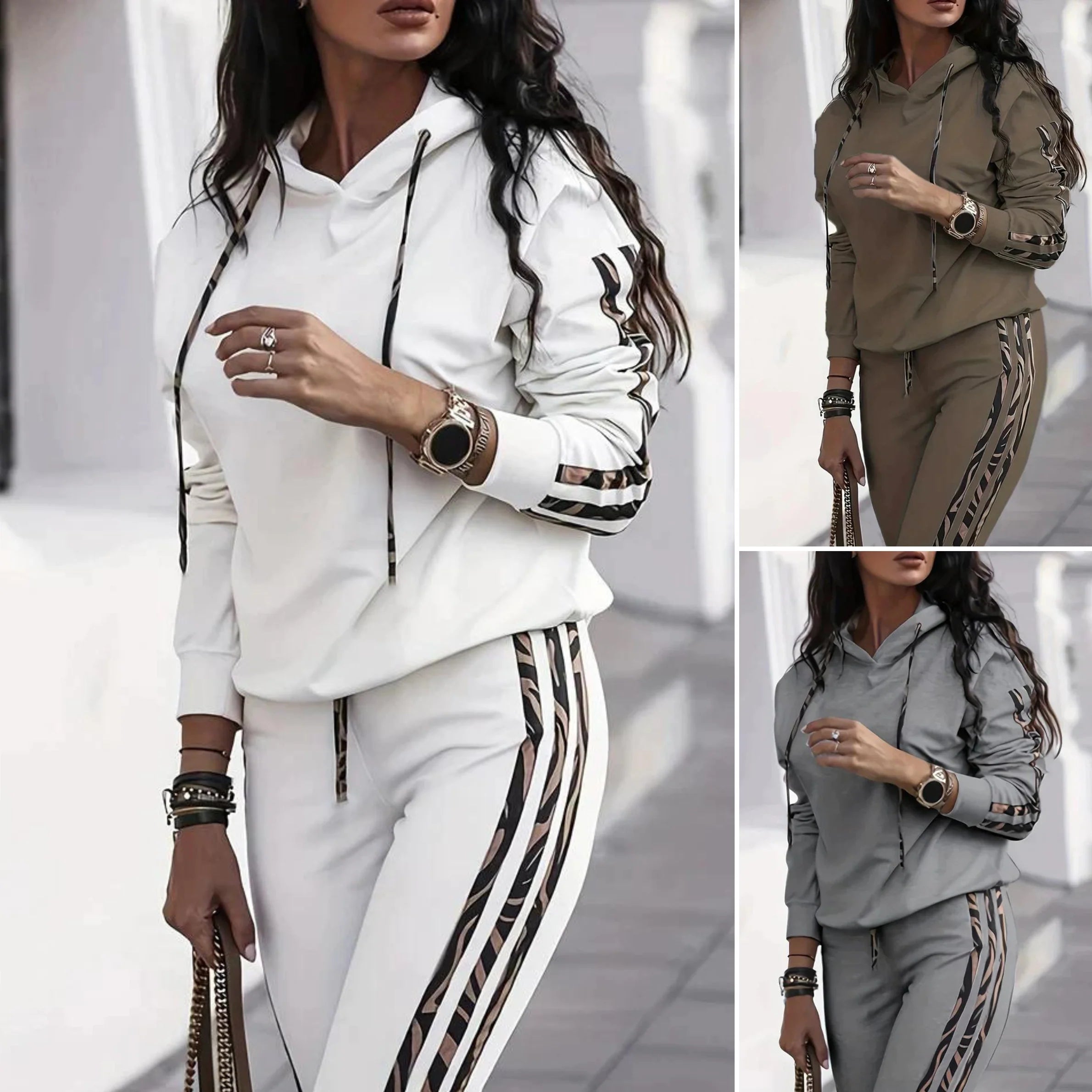 Rena - Lichte stretch trui en broek met stijlvolle strepen en capuchon