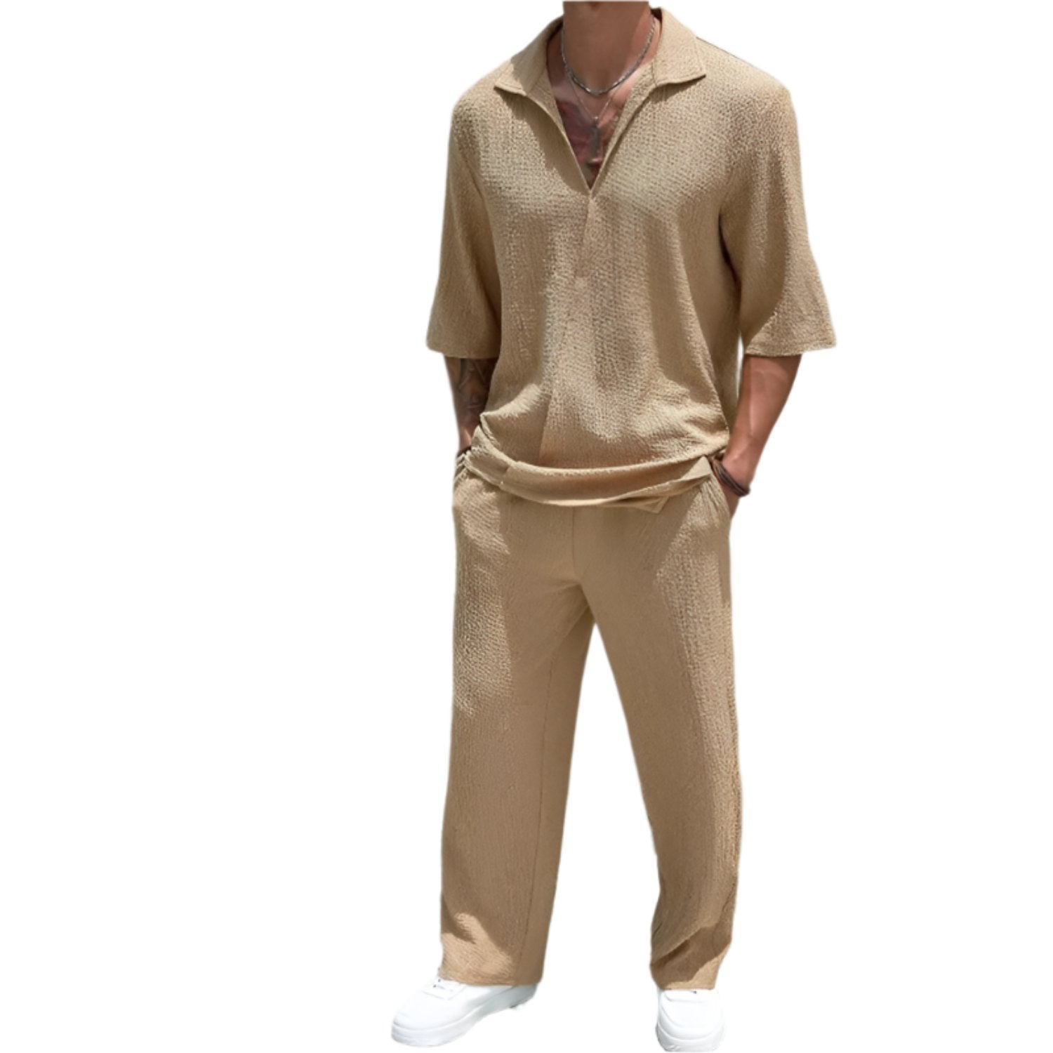 Tommy – Stijlvolle tweedelig set met half rits shirt en wijde pijpen broek