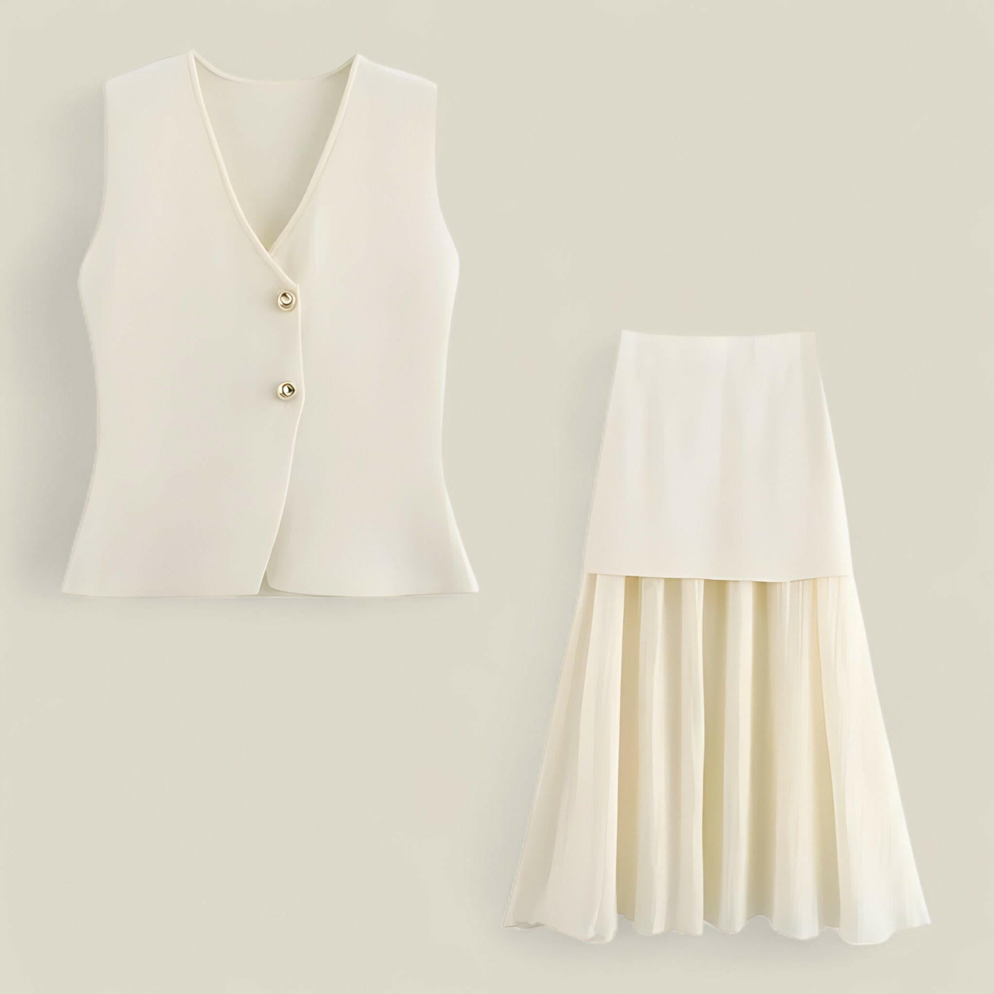 Sophia - Elegant tweedelig gebreid vest en geplooide midi-rok voor veelzijdige stijl