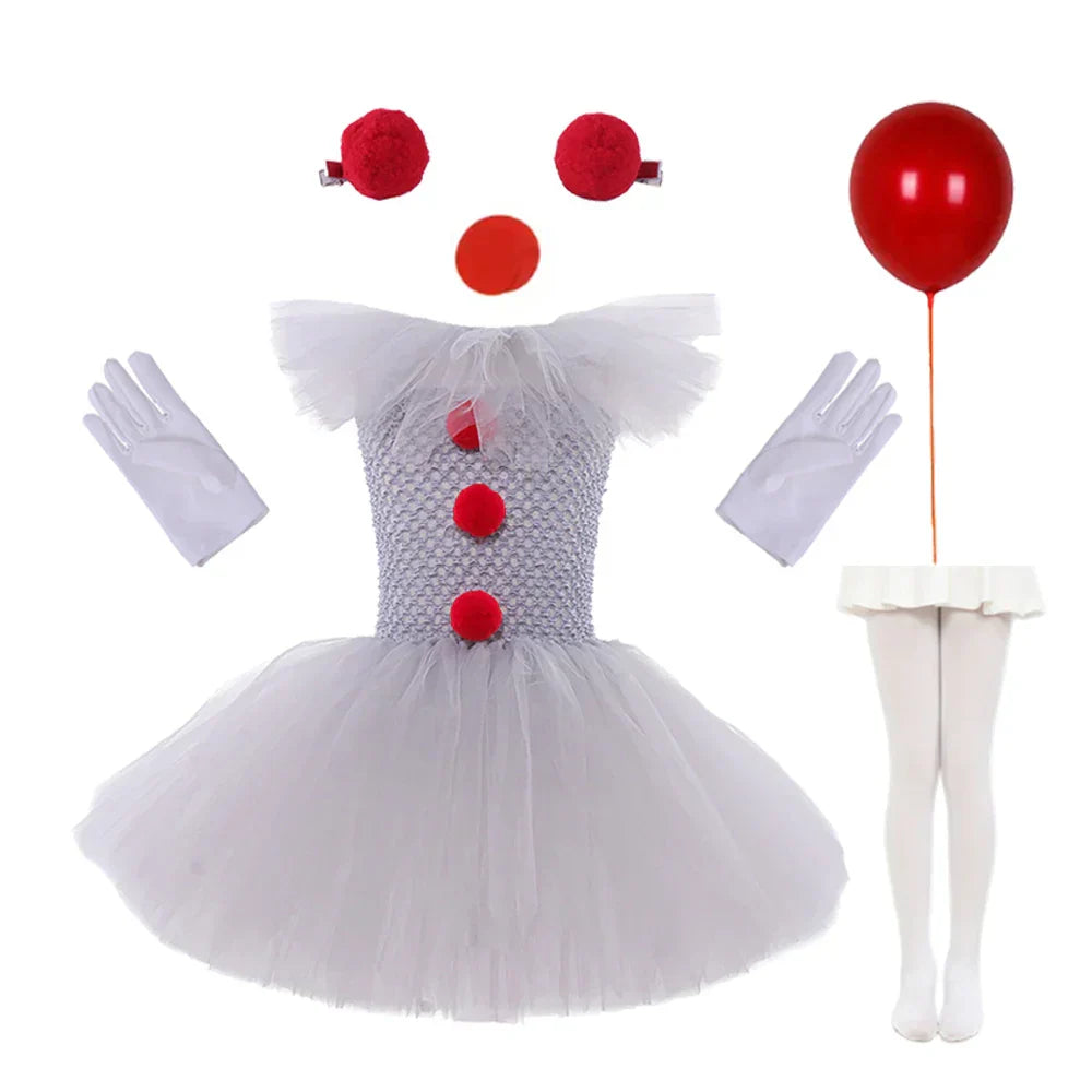 Charlotte – Clown-geïnspireerde Tutu Jurk met Rode Pompons en Tulle Rok voor Halloween of Verkleedpartijen