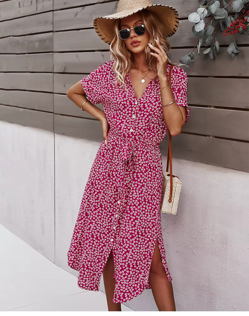 Lena - Boho Maxi Dress met knoopsluiting voor en V-hals