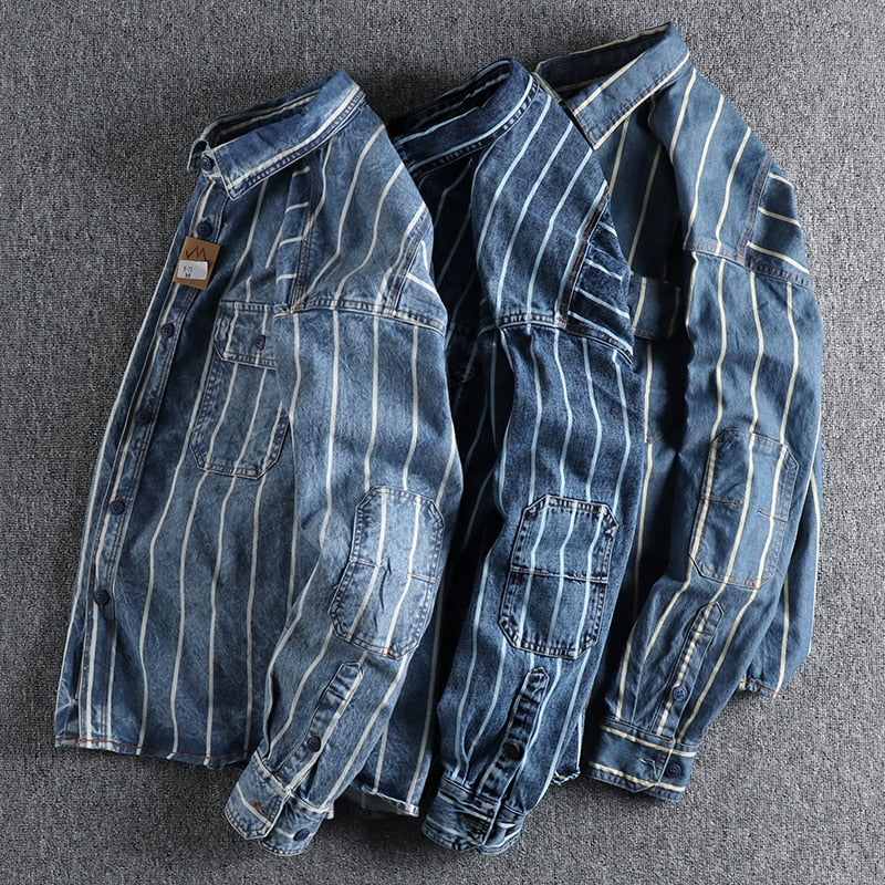 Archer - Gestreept denim overhemd met knoopsluiting en borstzakken