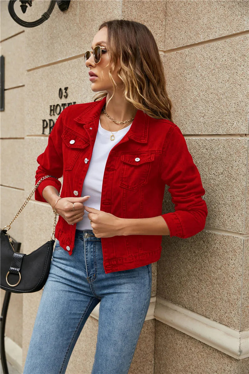 Alina - Korte denim jas met lange mouwen en knopen